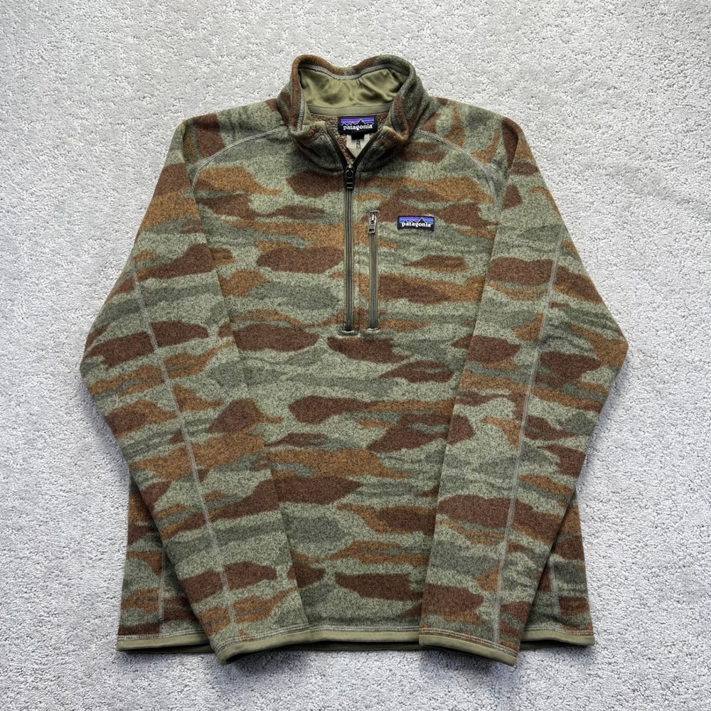 Patagonia Better Sweater Mens Large Camo Green Brown 1/4 Zip Fleece Pullover